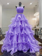 Ruffled Organza?Purple Long Prom Dress, Ruffled Organza Long Purple Formal Graduation Dresses
