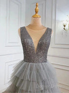 Ruffles Tulle V Neck Gray Sequin Long Prom Dresses