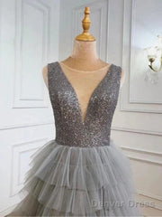 Ruffles Tulle V Neck Gray Sequin Long Prom Dress