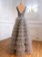 Ruffles Tulle V Neck Gray Sequin Long Prom Dresses