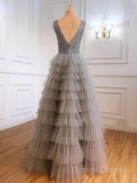 Ruffles Tulle V Neck Gray Sequin Long Prom Dresses
