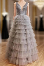 Ruffles Tulle V Neck Gray Sequin Long Prom Dresses