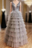Ruffles Tulle V Neck Gray Sequin Long Prom Dresses