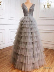 Ruffles Tulle V Neck Gray Sequin Long Prom Dress