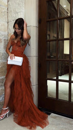 Rust Red Sweetheart High Low Tiered Prom Dress,Tulle Long Prom Dresses