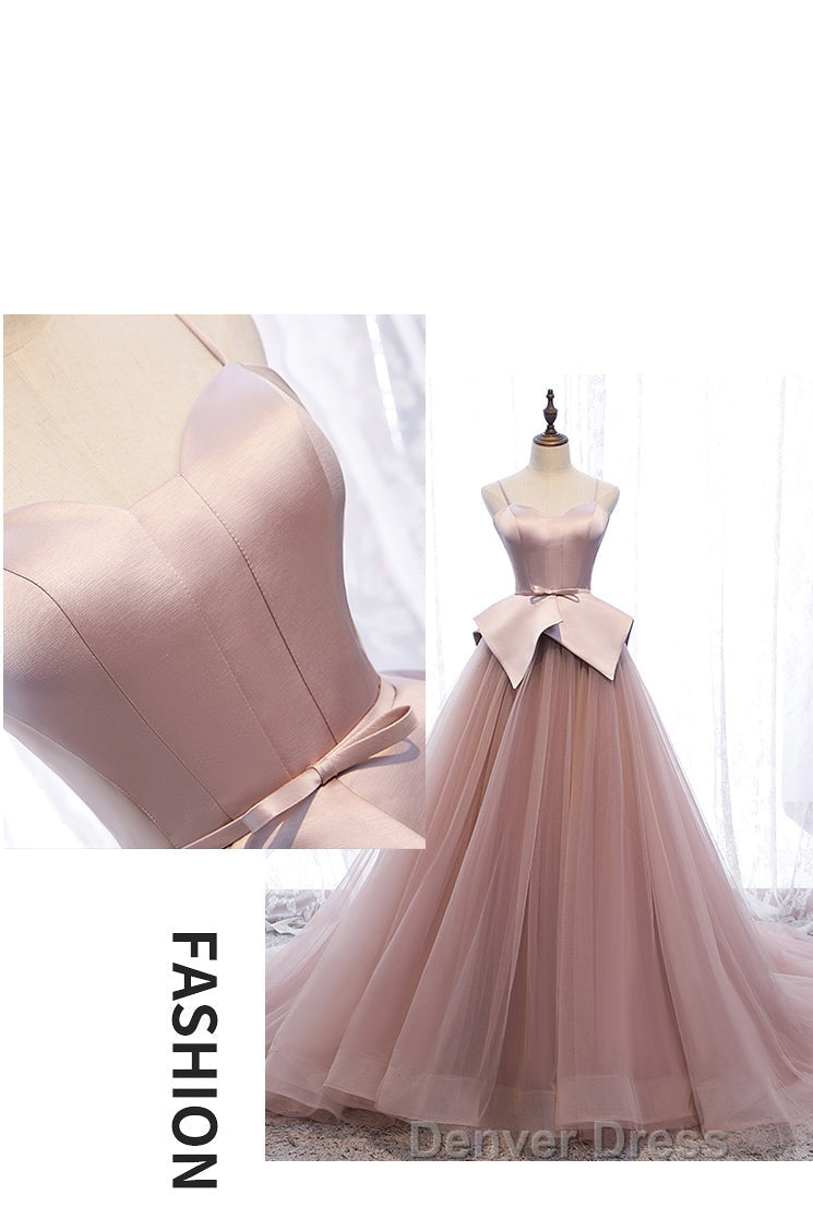 Pink Spaghetti Straps Tulle Long Prom Dresses, Unique Long Wedding Dess