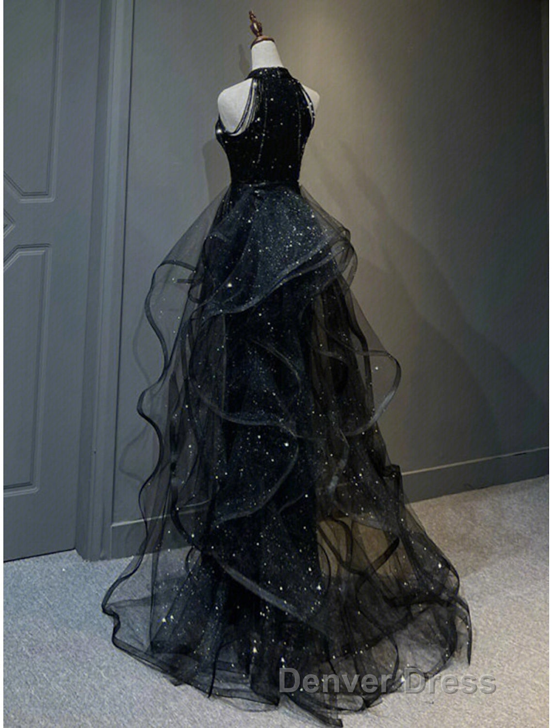 A Line Prom Dress Vintage Dress Wedding Guest Wedding Prom Sweep Brush Train Sleeveless Halter Neck Wednesday Addams Family Sequined with Crystals Sequin Ruffles Masquerade Dresses