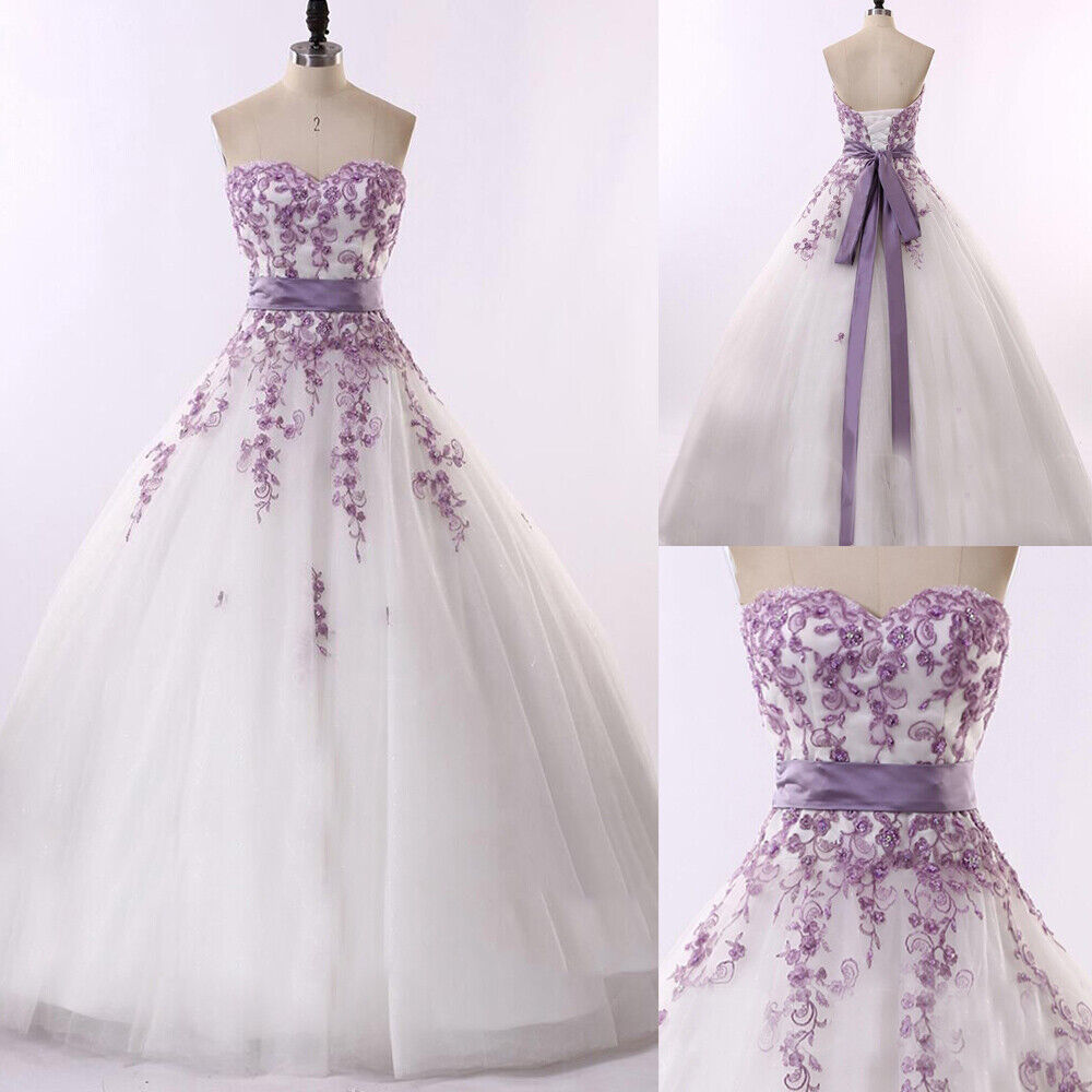 Purple Appliques Wedding Dresses Sweetheart Tulle Lace Up A Line Bridal Gown Main image