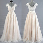 Plus Size Wedding Dresses Lace Appliques Cap Sleeve V Neck Beach Bridal Gown