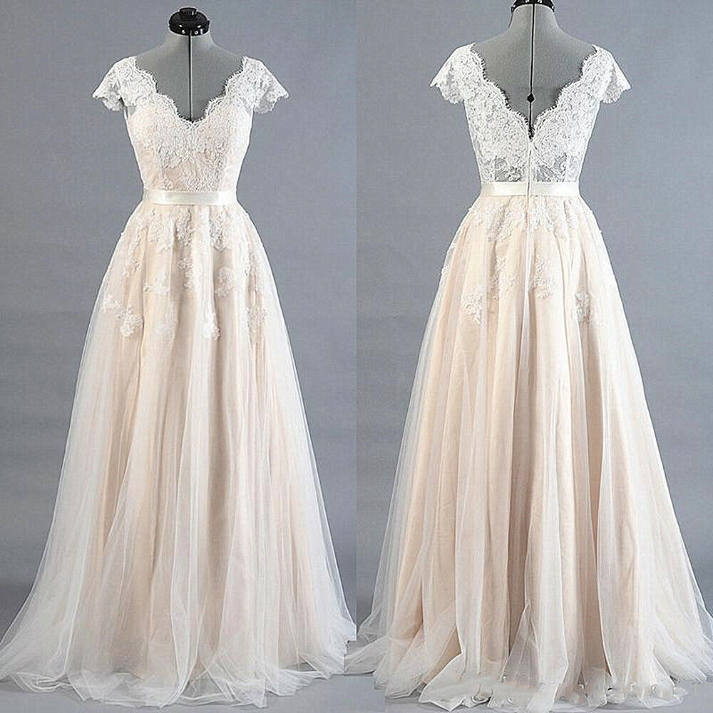 Plus Size Wedding Dresses Lace Appliques Cap Sleeve V Neck Beach Bridal Gown