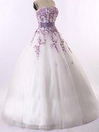 Purple Appliques Wedding Dresses Sweetheart Tulle Lace Up A Line Bridal Gown