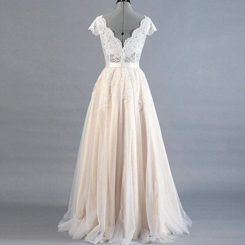 Plus Size Wedding Dresses Lace Appliques Cap Sleeve V Neck Beach Bridal Gowns Secondary image