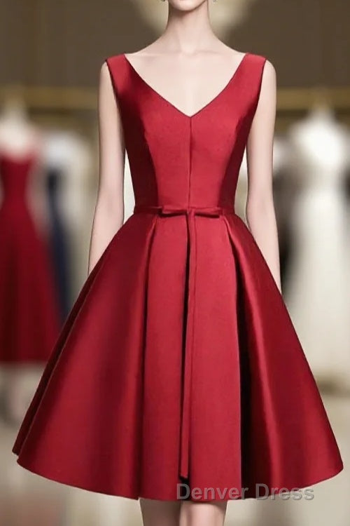 Simple Burgundy Satin V Neck Short Prom Dress