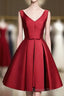 Simple Burgundy Satin V Neck Short Prom Dress