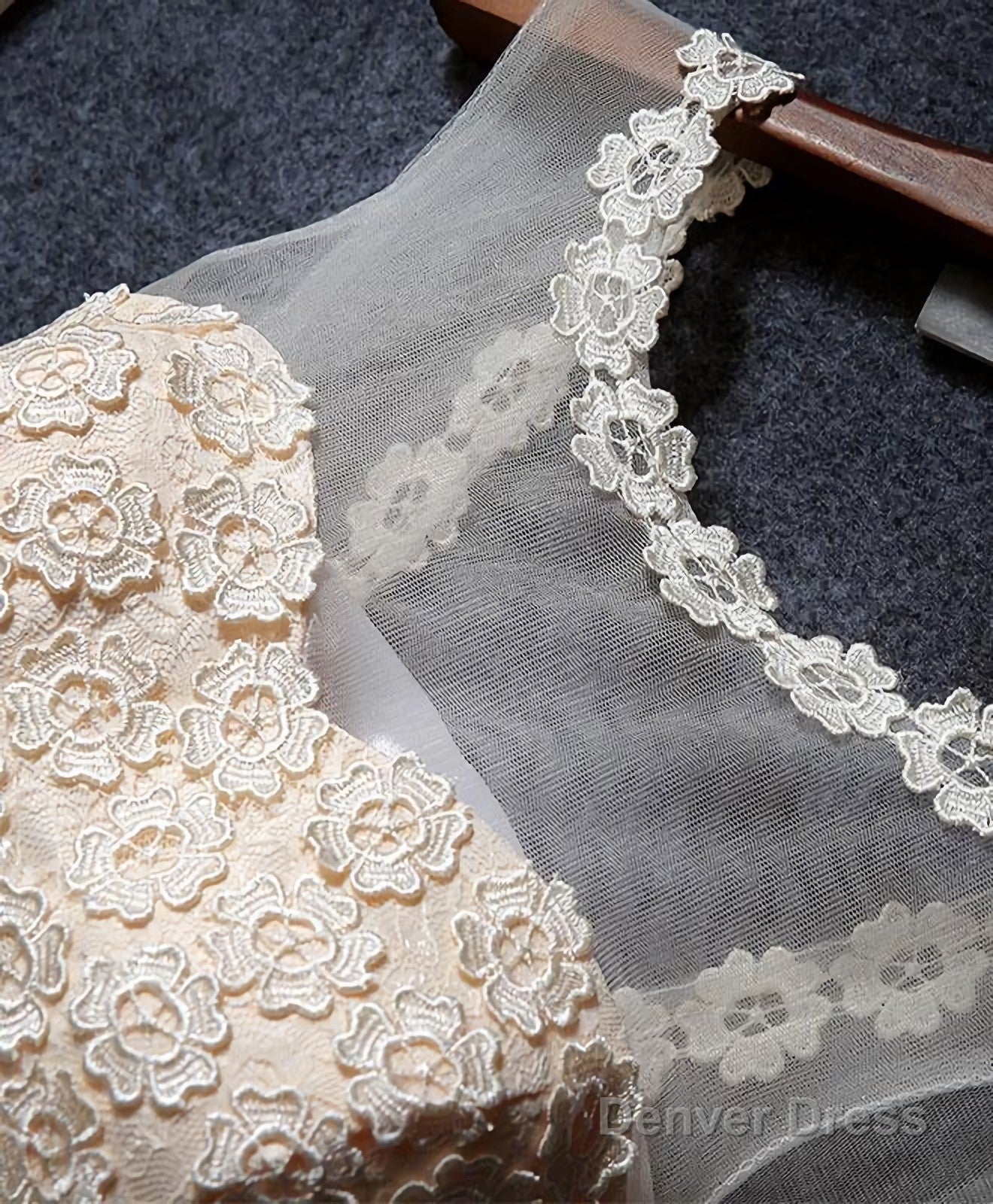 Cute Champagne A Line Lace Short Prom Dress, Homecoming Dresses