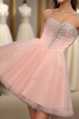 Pink A Line Sweetheart Neck Short Prom Dresses, Homecoming Dresses
