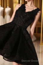 Black V Neck Lace Short Prom Dresses, Homecoming Dresses, Homecoming Dresses