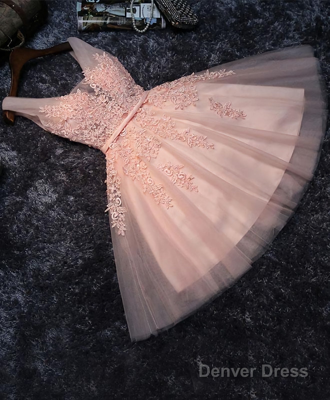 Pink V Neck Tulle Lace Short Prom Dress, Homecoming Dresses