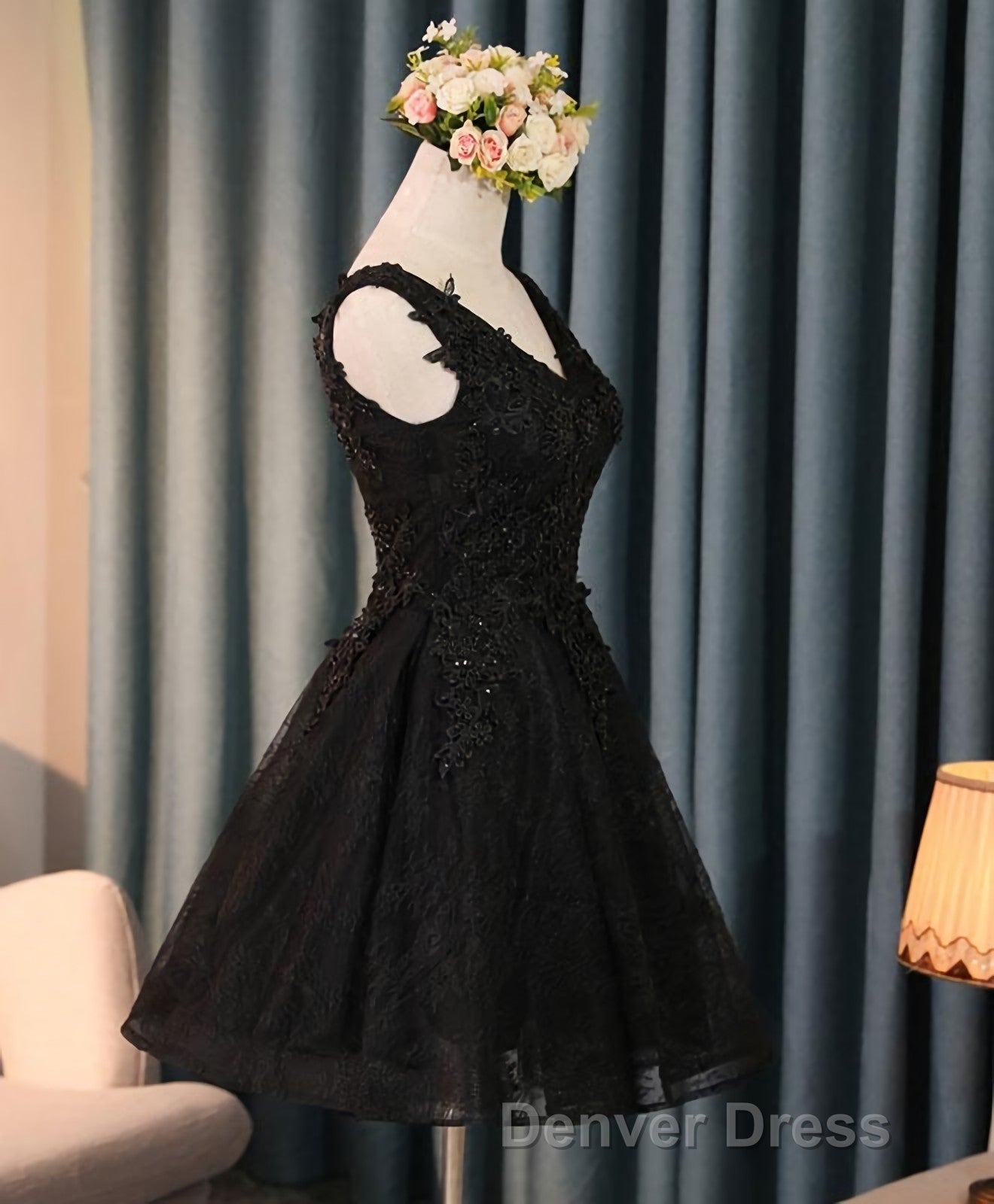 Black V Neck Lace Short Prom Dresses, Homecoming Dresses, Homecoming Dresses