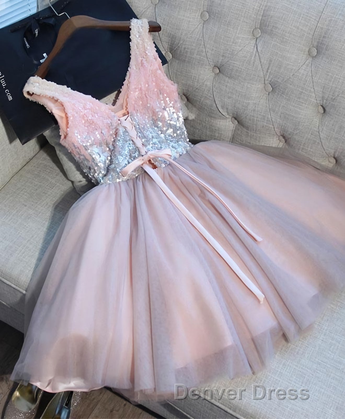 Cute Pink V Neck Tulle Seqsuins Short Prom Dresses, Cocktail Dresses Secondary image