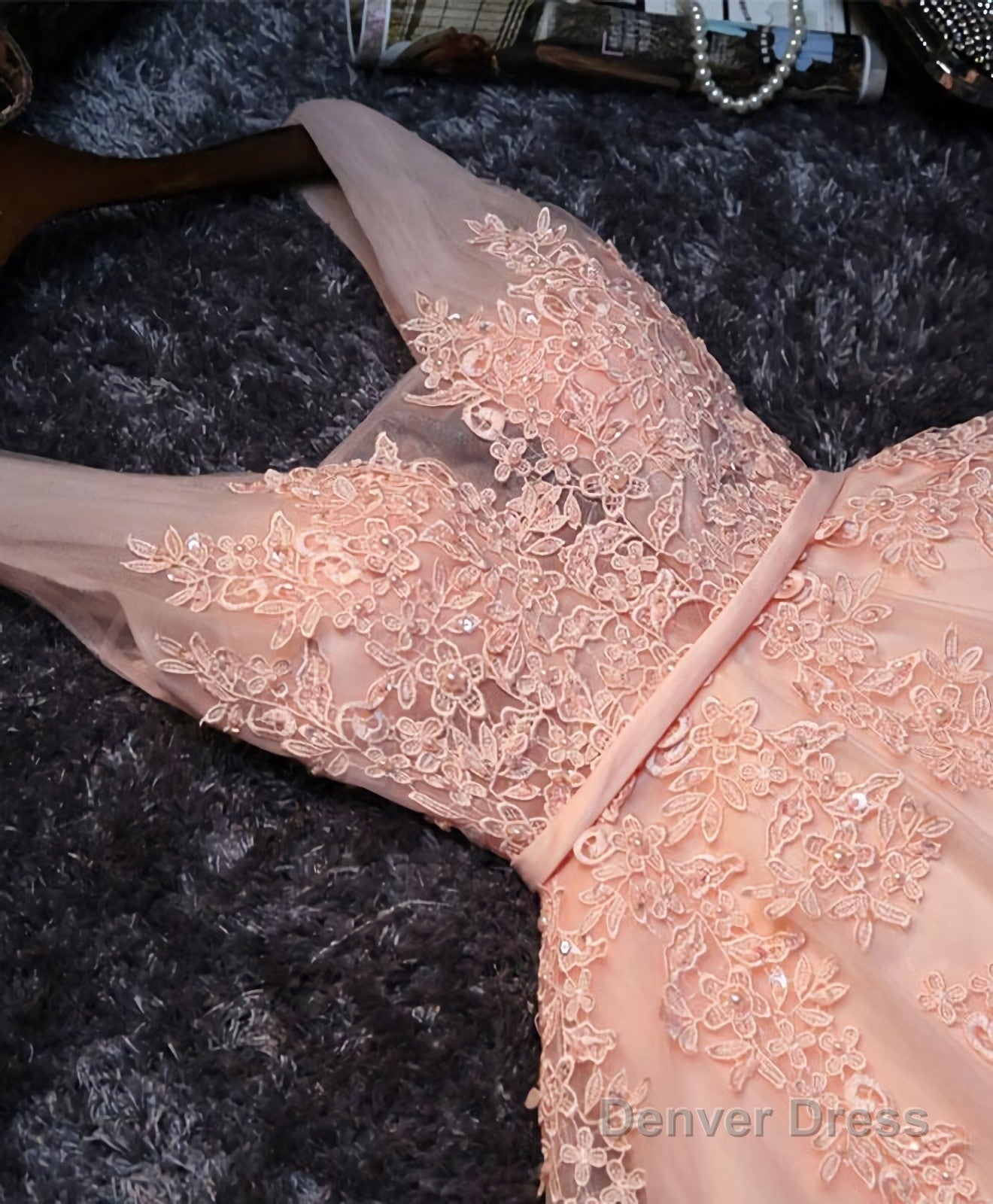 Pink V Neck Tulle Lace Short Prom Dress, Homecoming Dresses Secondary image