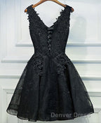 Black V Neck Lace Short Prom Dress, Homecoming Dress, Homecoming Dresses