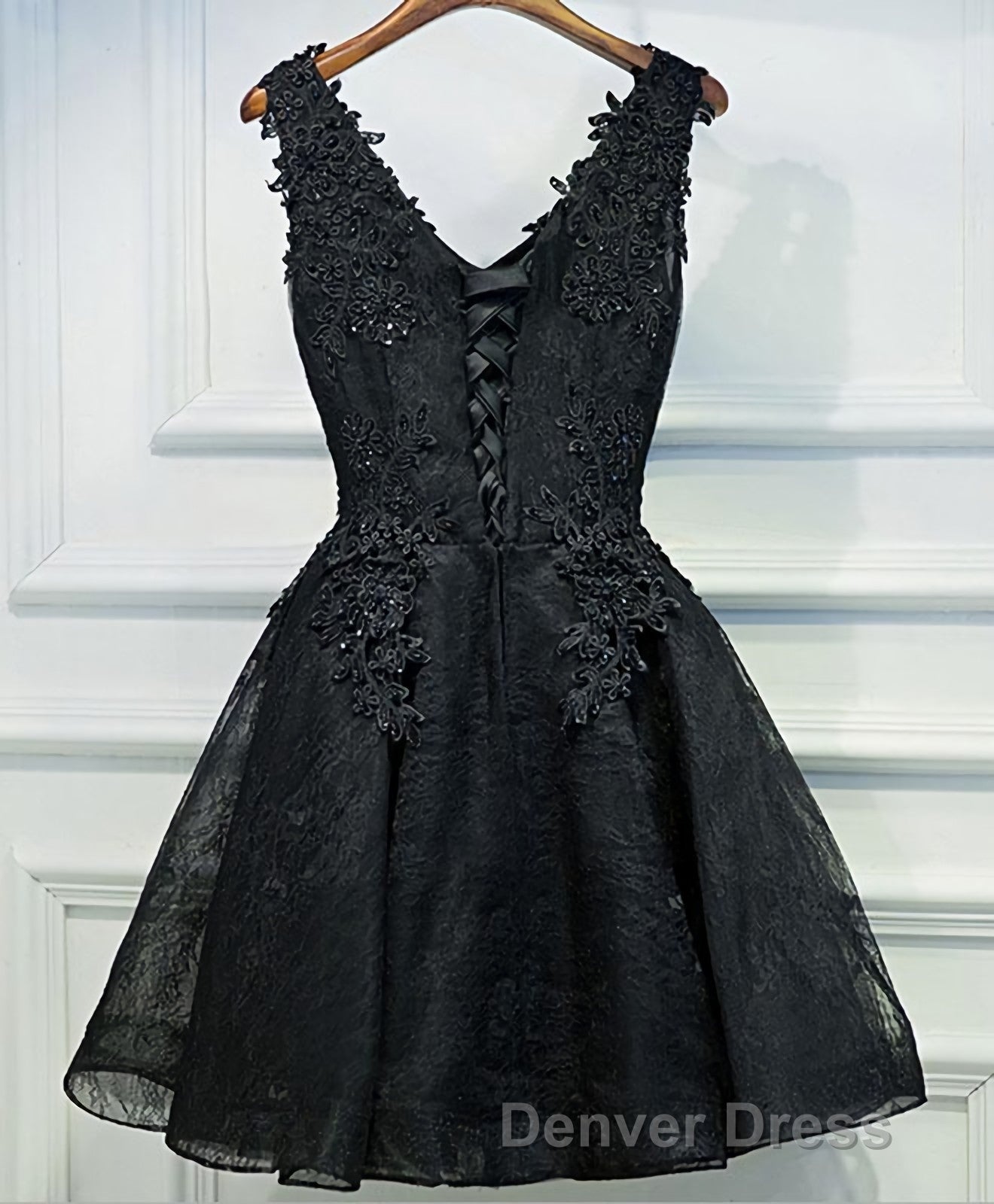 Black V Neck Lace Short Prom Dress, Homecoming Dress, Homecoming Dresses