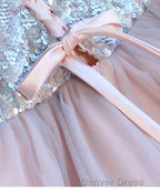 Cute Pink V Neck Tulle Seqsuins Short Prom Dress, Cocktail Dresses