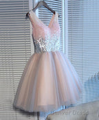 Cute Pink V Neck Tulle Seqsuins Short Prom Dresses, Cocktail Dresses
