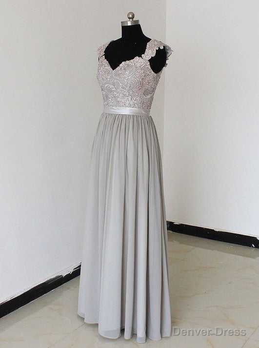 Elegant A Line Chiffon Silver Long Bridesmaid Dresses with Lace Appliques Main image