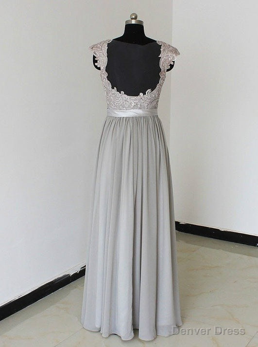 Elegant A Line Chiffon Silver Long Bridesmaid Dresses with Lace Appliques Secondary image