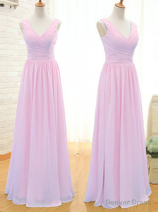 Simple A Line V Neck Floor Length Pink Chiffon Bridesmaid Dresses Secondary image