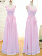 Simple A Line V Neck Floor Length Pink Chiffon Bridesmaid Dresses