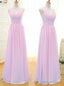 Simple A Line V Neck Floor Length Pink Chiffon Bridesmaid Dresses