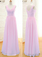 Simple A Line V Neck Floor Length Pink Chiffon Bridesmaid Dresses
