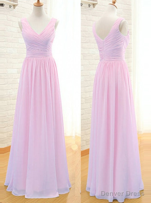 Simple A Line V Neck Floor Length Pink Chiffon Bridesmaid Dresses