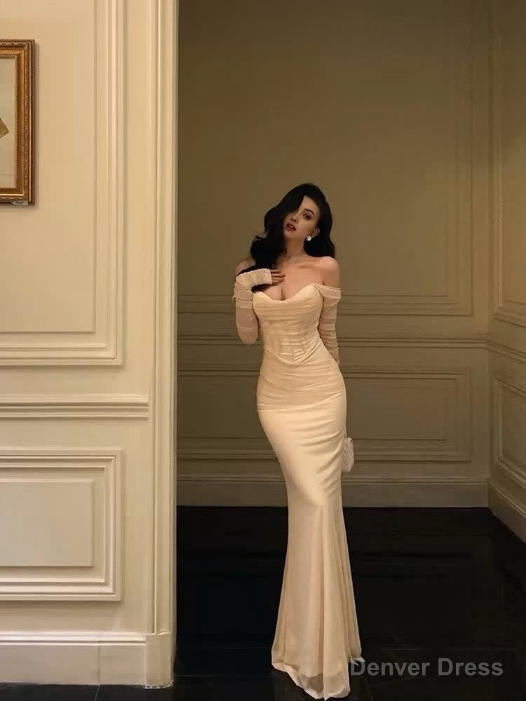 Chic Mermaid Off The Shoulder Long Sleeves White Long Prom Dress Birthday Dresses Main image