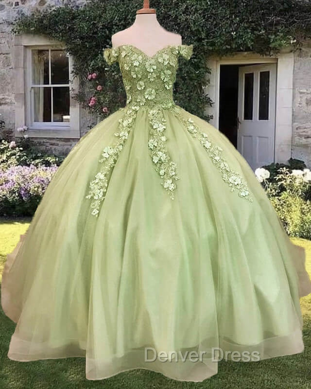 Sage Ball Gown 3D Flowers Off The Shoulder Dresses