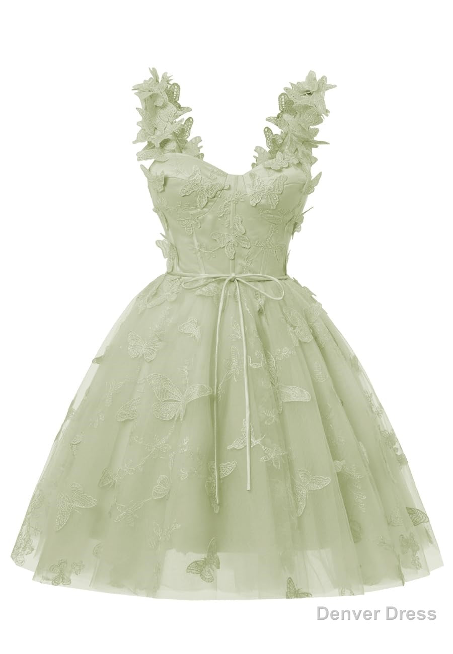 Sage Green 3D Butterfly Lace Applique Tulle Homecoming Dress for Teens Sweetheart Mini Short Prom Dresses Secondary image