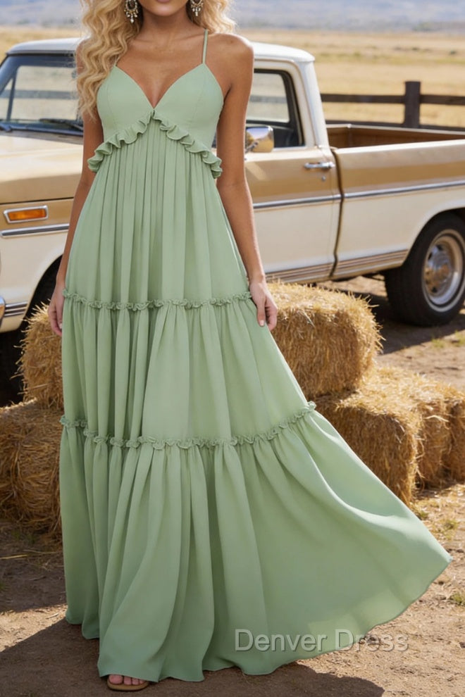Sage Green A-line V Neck Sleeveless Floor-Length Chiffon Prom Dress Long Prom Dresses Backless with Pleated Ruffles Secondary image