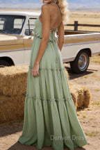 Sage Green A-line V Neck Sleeveless Floor-Length Chiffon Prom Dress Long Prom Dresses Backless with Pleated Ruffles