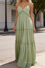 Sage Green A-line V Neck Sleeveless Floor-Length Chiffon Prom Dress Long Prom Dresses Backless with Pleated Ruffles