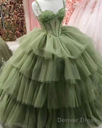 Sage Green Corset Ball Gowns Ruffles Dresses