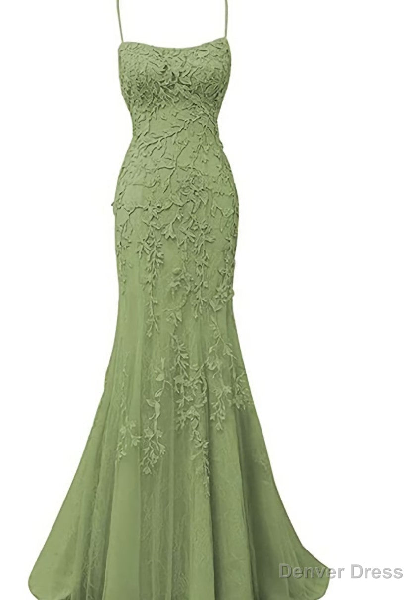 Sage Green Lace Appliques Dresses Long Prom Dress Mermaid Spaghetti Straps Evening Dress