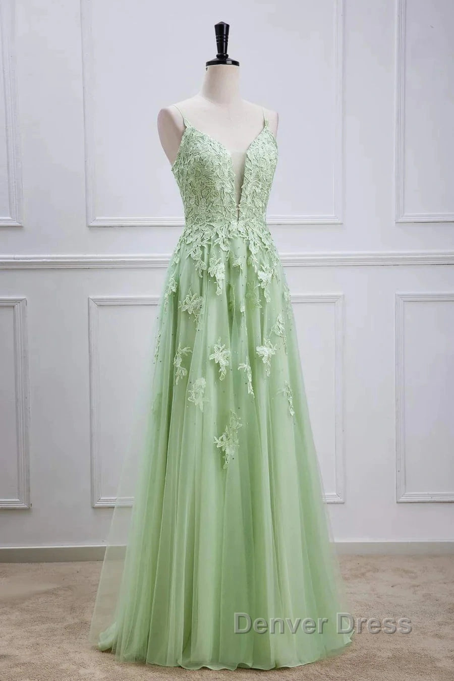 Sage Green Long Prom Dresses Lace Appliques V Neck Lace-Up Secondary image