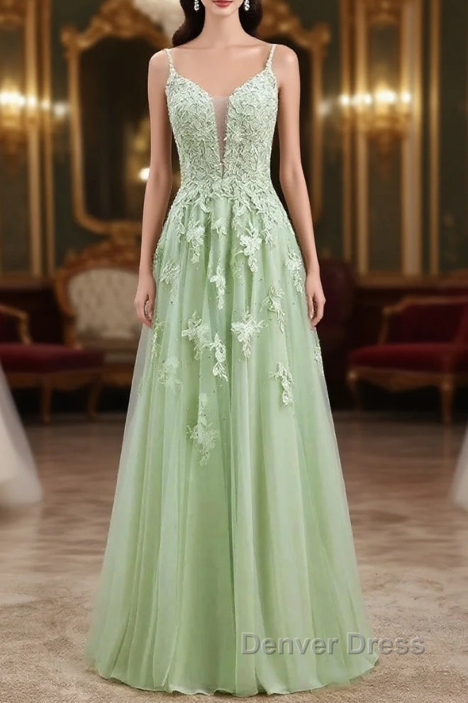 Sage Green Long Prom Dresses Lace Appliques V Neck Lace-Up Main image