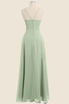 Sage Green Pleated Straps Long Bridesmaid Dresses