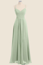 Sage Green Pleated Straps Long Bridesmaid Dresses