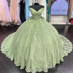 Sage Green Princess Quinceanera Dress Ball Gown Applique Off Shoulder Sweet 16 Prom Dress