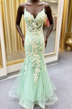 Sage Green Spaghetti Straps Mermaid Prom Dresses With Appliques